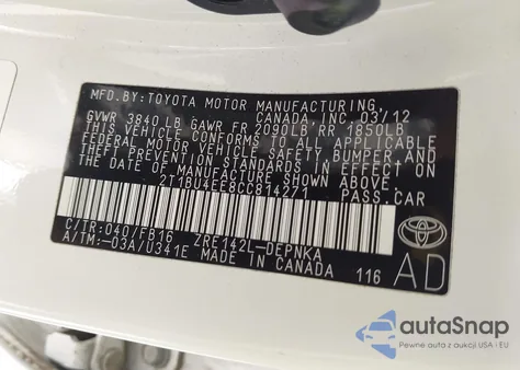 2012 Toyota Corolla S/Le z USA, uszkodzony, nr VIN 2T1BU4EE8CC814271